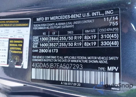 2015 Mercedes-Benz Ml 350 z USA, uszkodzony, nr VIN 4JGDA5JB7FA507293